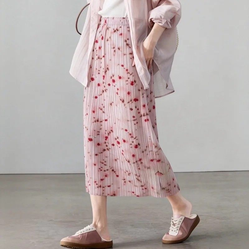 Miyake Pleated 2026 New Original Pink Gradient Skirt Women High Waist Loose Pleated Straight Skirt Romantic Temperament Pleat