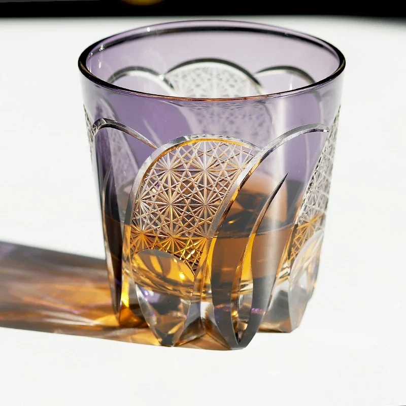 Purple Whiskey Glass 320ml, Hand Carved Design, Luxury Barware Gift Set for Men, Engraved Old Fashioned Tumbler