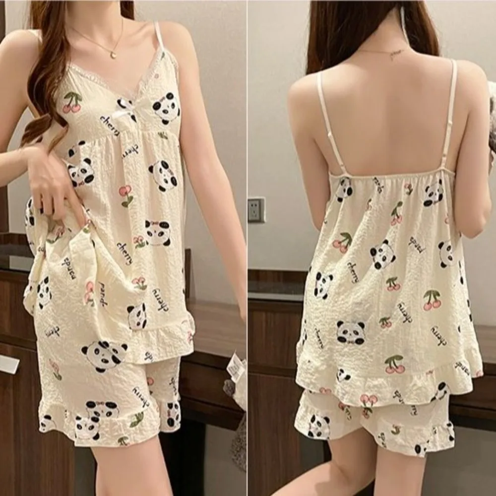 

Ins Flower Bear Suspender Shorts Suit Ruffle V-Neck Two Piece Sleepwear Sleeveless Loose Lace Nightwear Sets Sleeping