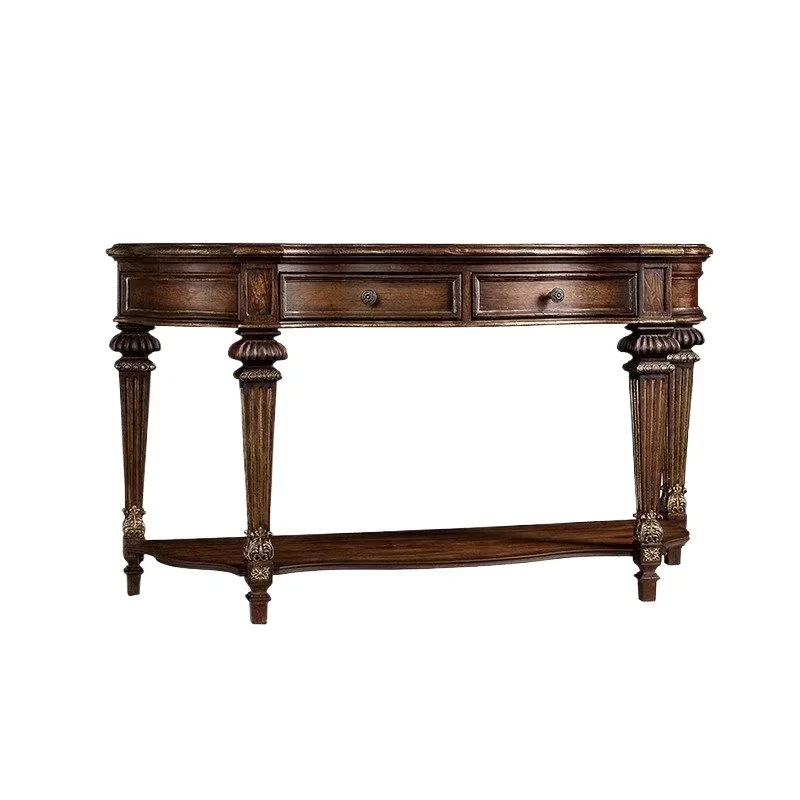

American oak solid wood carving flower porch table, retro old semi-circular wall foyer decoration table