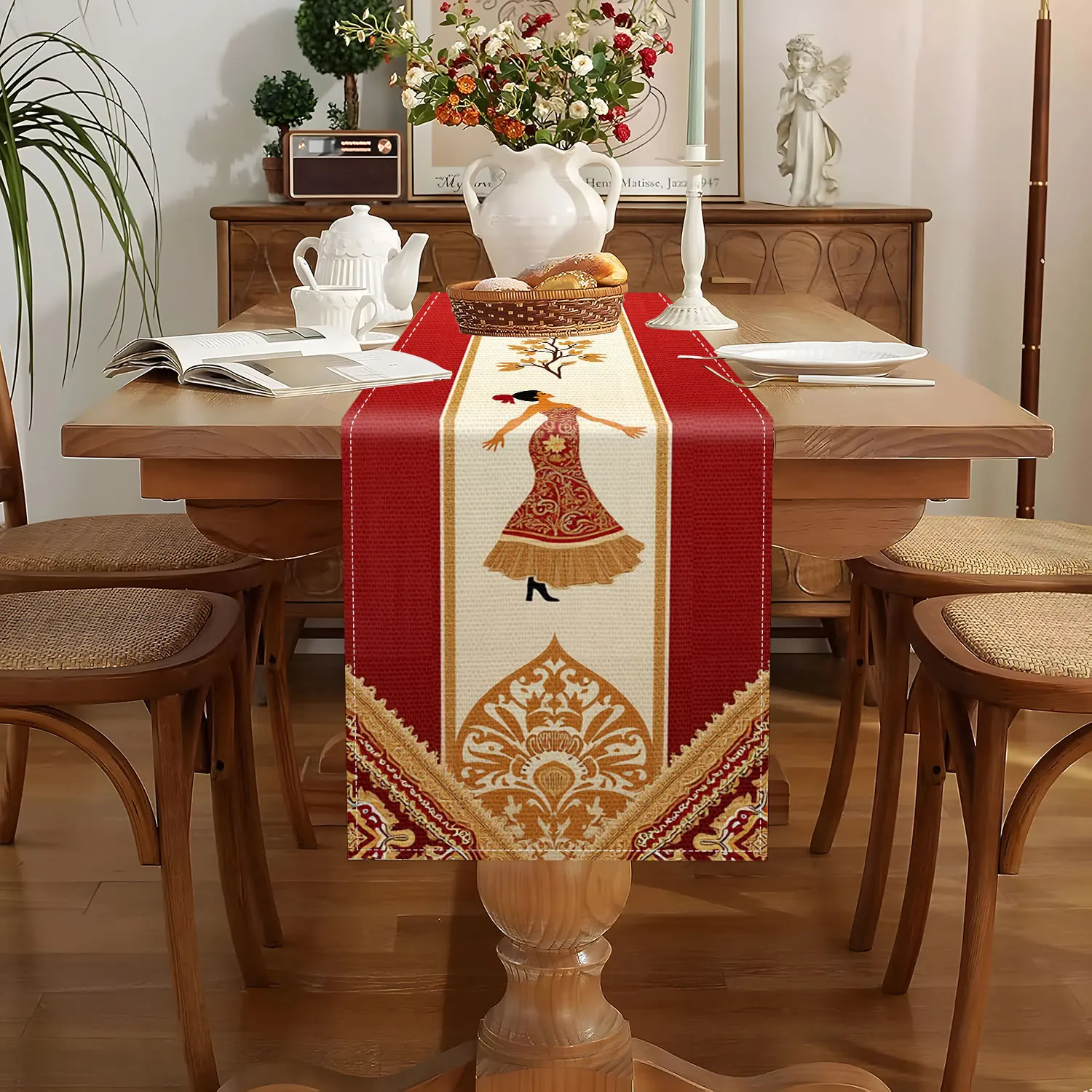 1 Spanish Style Theme Table Runner, Red and White Background with Flower Dancer, Flower Pattern, Suitable for Spanish Culture Festival, and Passion Themed Party