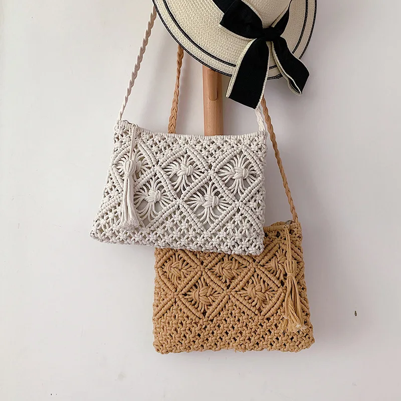 Stro Vrouwen Handtassen Eenvoudige Handgemaakte Touw Vintage Kwastjes Gehaakte Macrame Strandtassen Clutch Portemonnees En Handtassen Dames