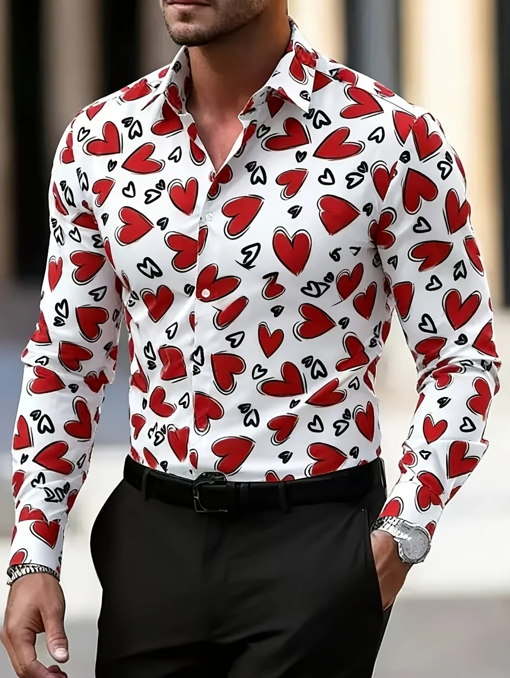 Men's Street Style Long-Sleeve Shirt Digital Print Red Heart-Shaped Pattern Comfortable Fit Fashion Dates Vacation Men's Shirts