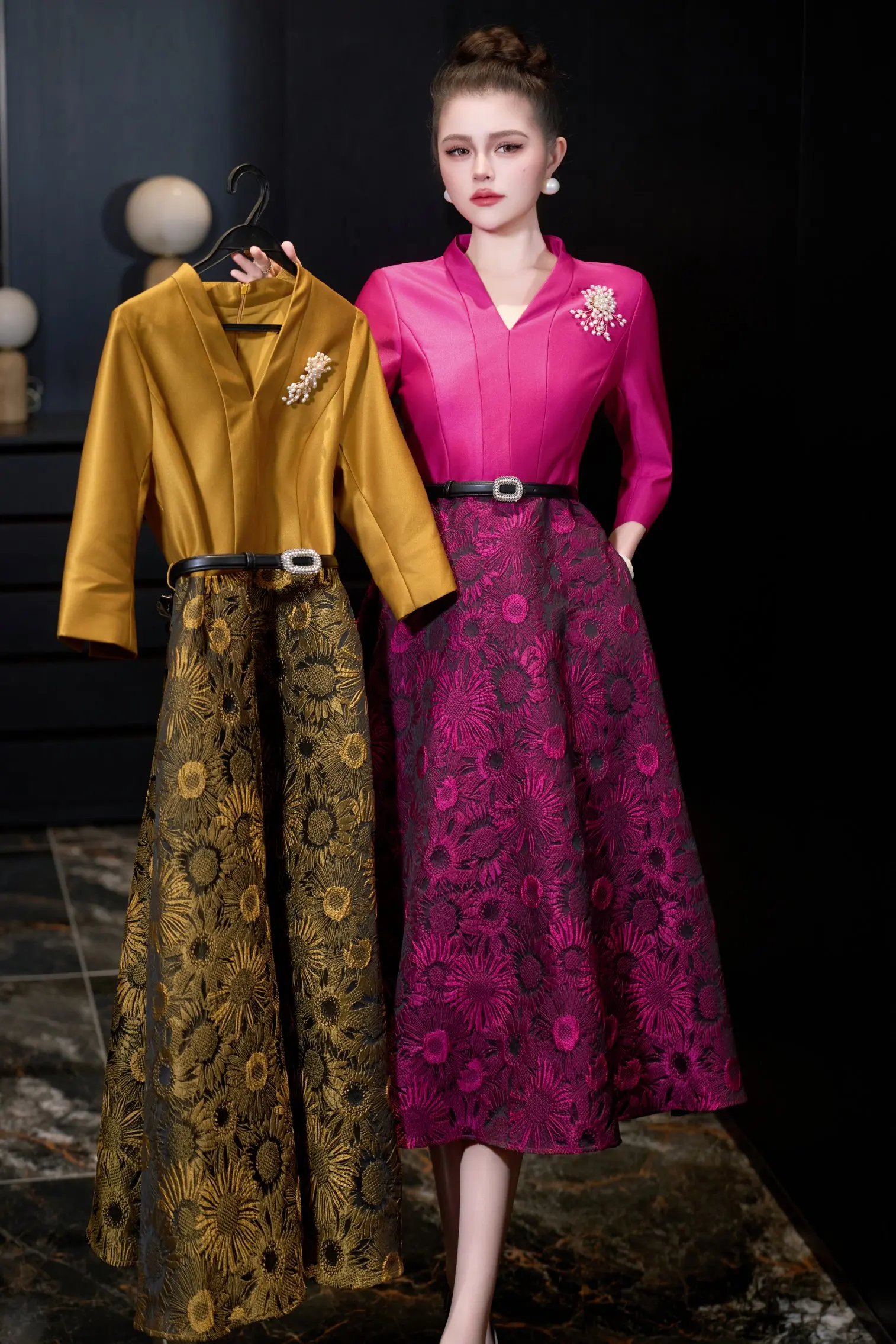 ZJYT primavera nuevo 2026 elegante Midi Vintage vestidos de Jacquard para mujeres mangas tres cuartos cuello en V vestido de fiesta de lujo bata femenina