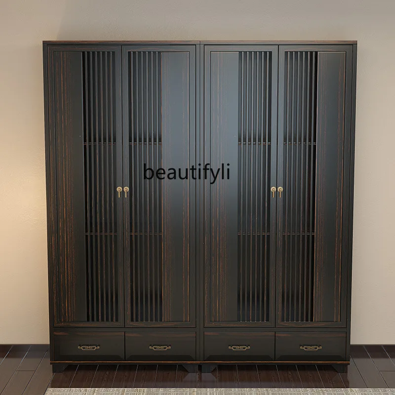 New Chinese style golden silk sandalwood solid wood wardrobe household bedroom four door wardrobe storage wardrobe