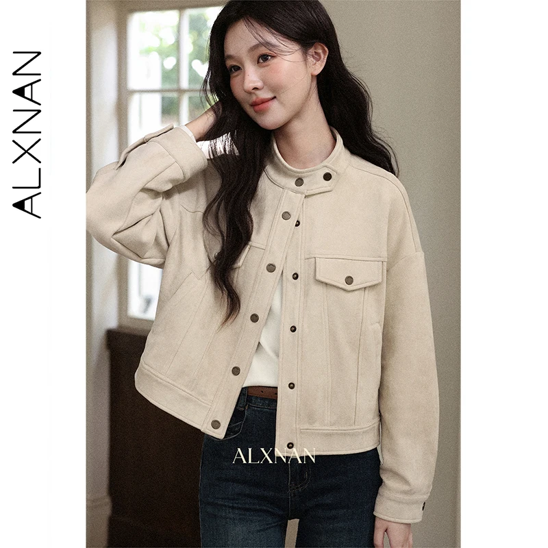 

ALXNAN Women's Jacket Off-white Stand-up Collar Short Workwear 2025 Autumn Casual Elegant Office Lady Long Sleeve Coats L57210