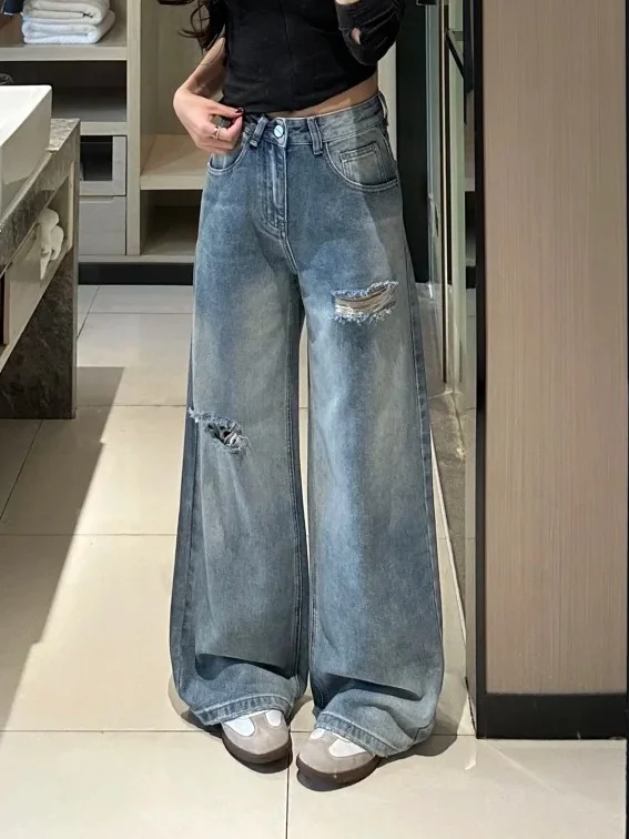 Spring New Arrival Women's High Waist Wide Leg Jeans Torn Loose Slimming Drapey Floor-Length Pants Retro Style Small Size