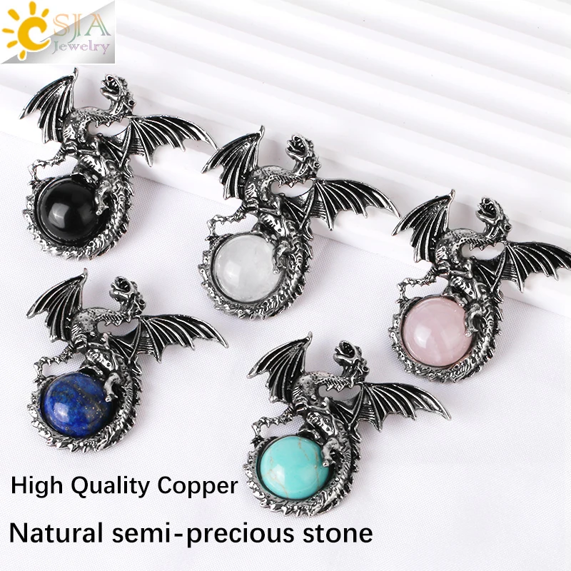 CSJA Vintage Wing Dragon Crystal Necklace for Men Women Natural Stone Round Gem Stone Crystals Obsidian Pendants Jewelry H146