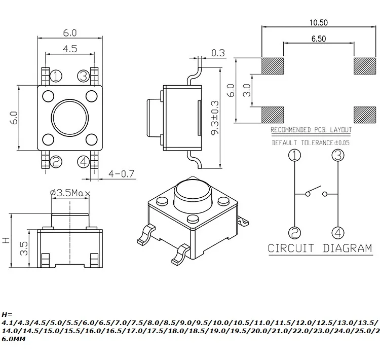 50pcs Momentary Tactile Push Button Click Switch 6X6mm H=4.3/4.5/5/6/7/8/9/10/13mm~25mm 4Pin SMT PCB Mounting