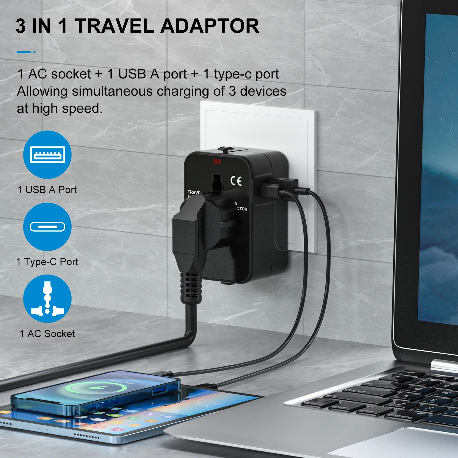 อะแดปเตอร์ Universal Travel Plug 1 USB และ 1 พอร์ตชาร์จ Type-C เครื่องชาร์จติดผนังตัวแปลงไฟ AC เหมาะสําหรับ USA, EU, UK, AU