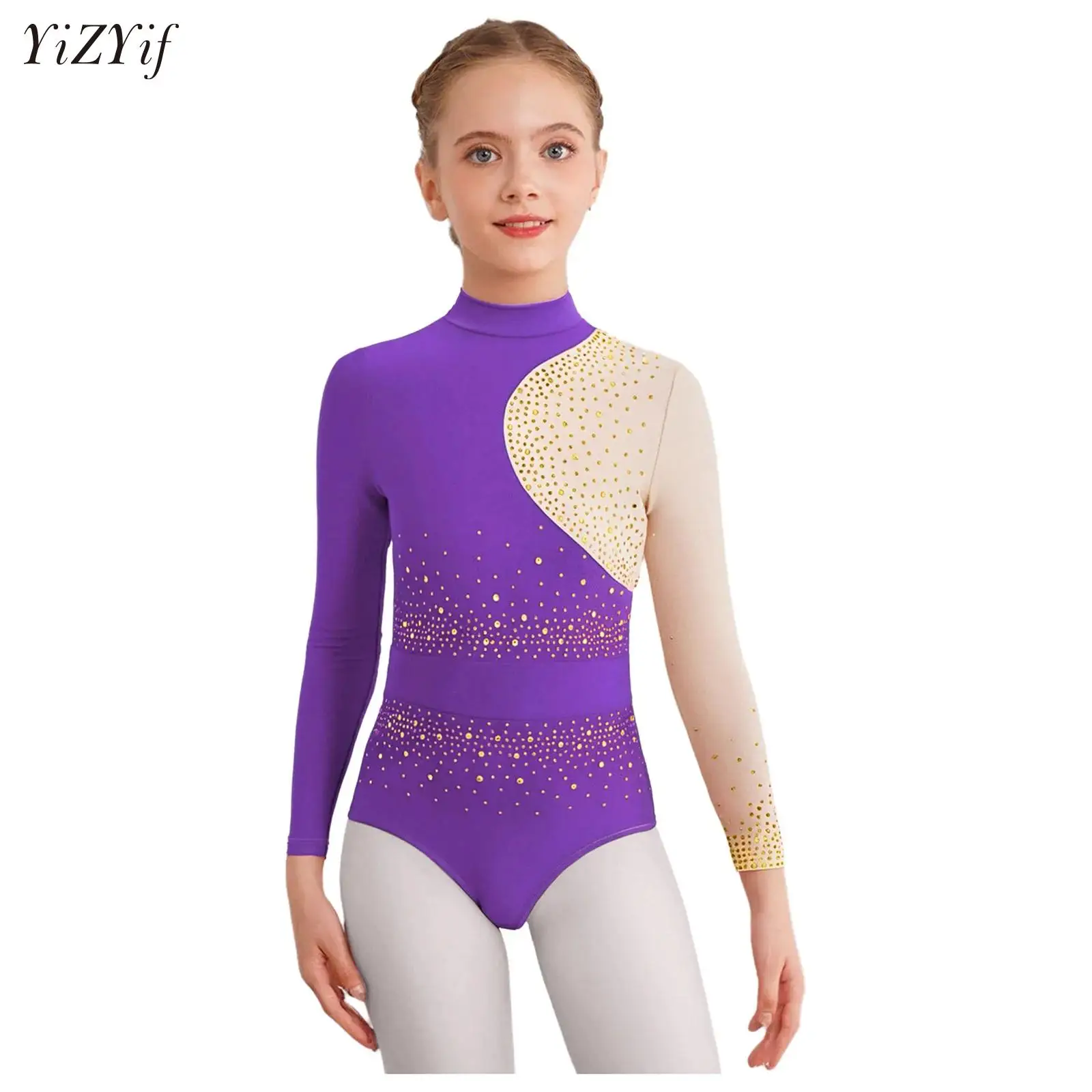 

Kids Girls Long Sleeve Sheer Mesh Ballet Latin Dance Leotard Gymnastics Bodysuit Lyrical Latin Tango Chacha Rumba Dance Costume