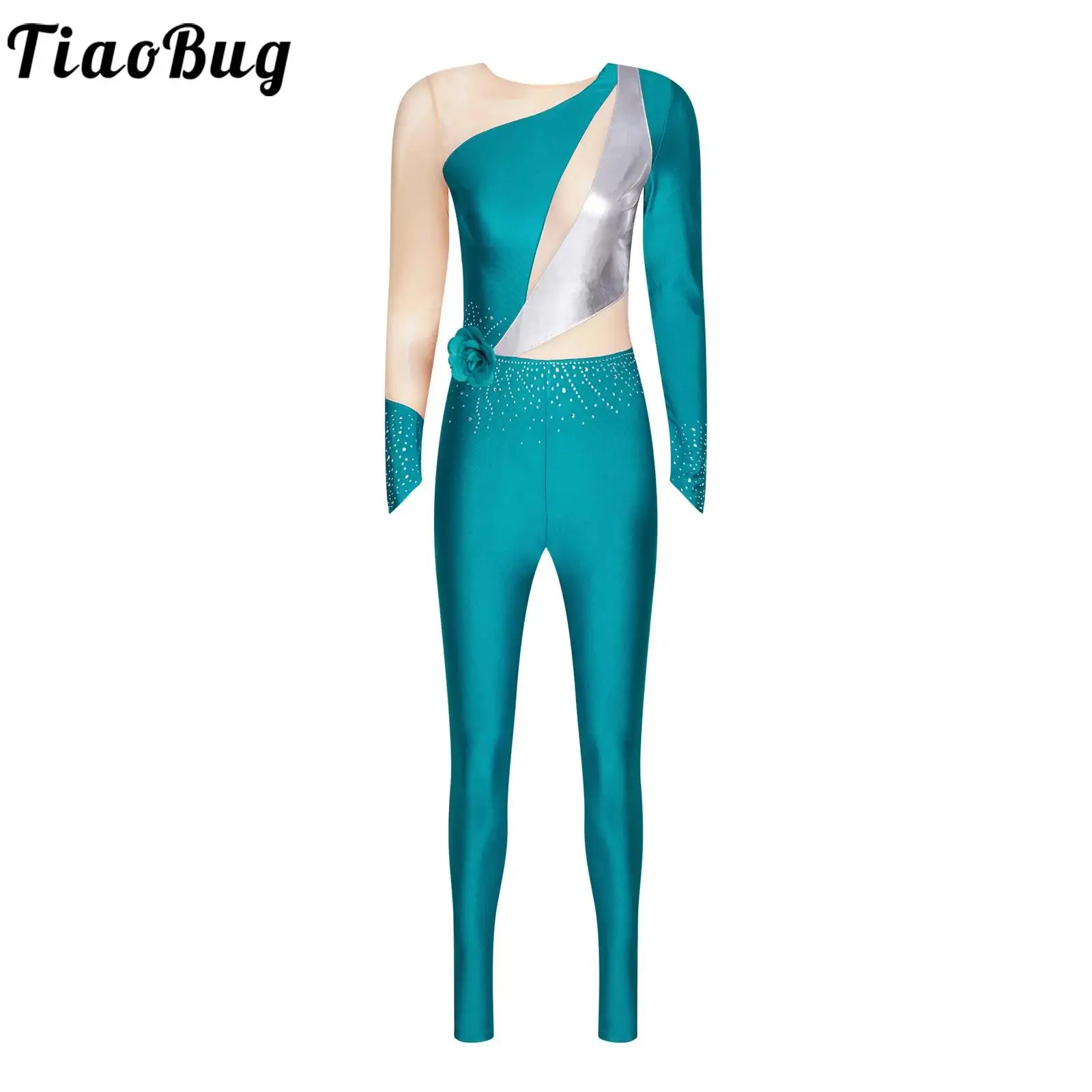 

Womens Gymnastics Leotards Jumpsuit Figure Skating Dance Costume Long Sleeve Shiny Rhinestones Full Body Ballet Dance Dresses