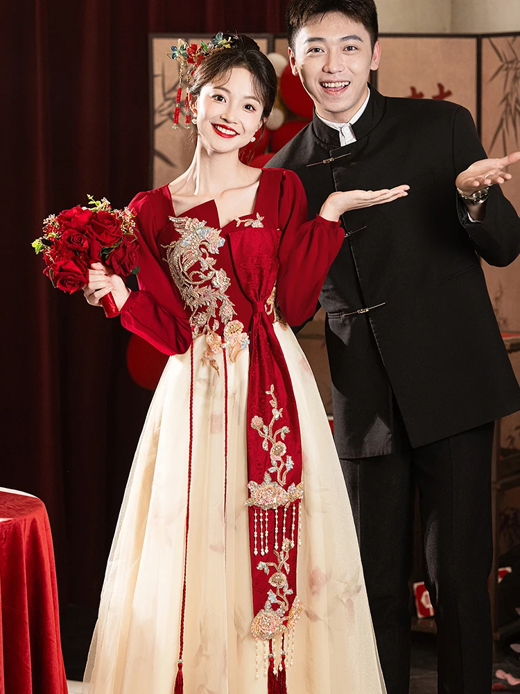 

Red Wedding Dr Ele Long Skirt Bubble Sve Zipper Sle for Engagement Par Bridal Wear Daily Suitable Women's Dr