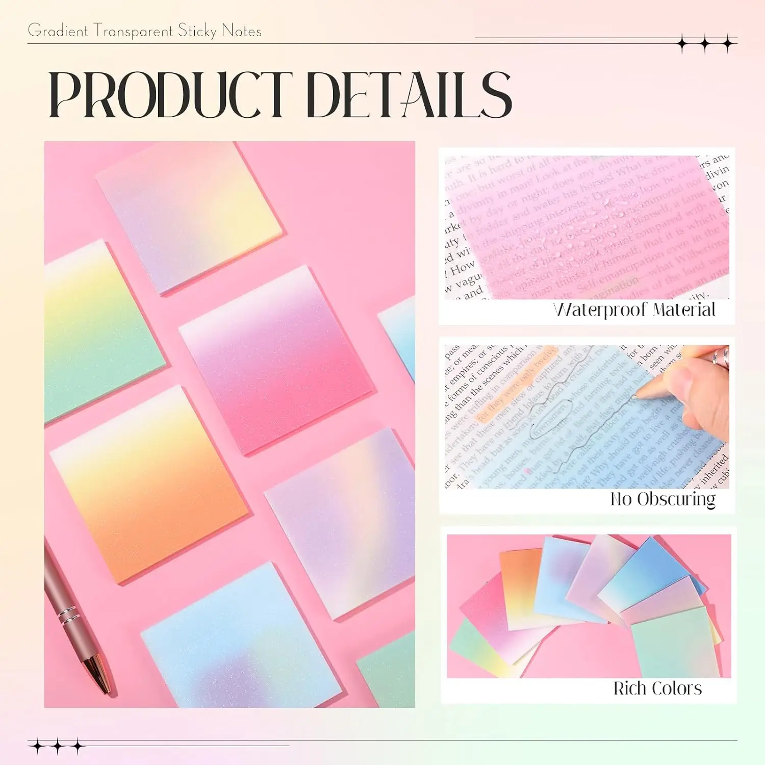 1-20Bags Transparent Frosted Glitter Sticky Notes Ombre Quick Dry Waterproof Self Adhesive for Classroom Office Library Planner