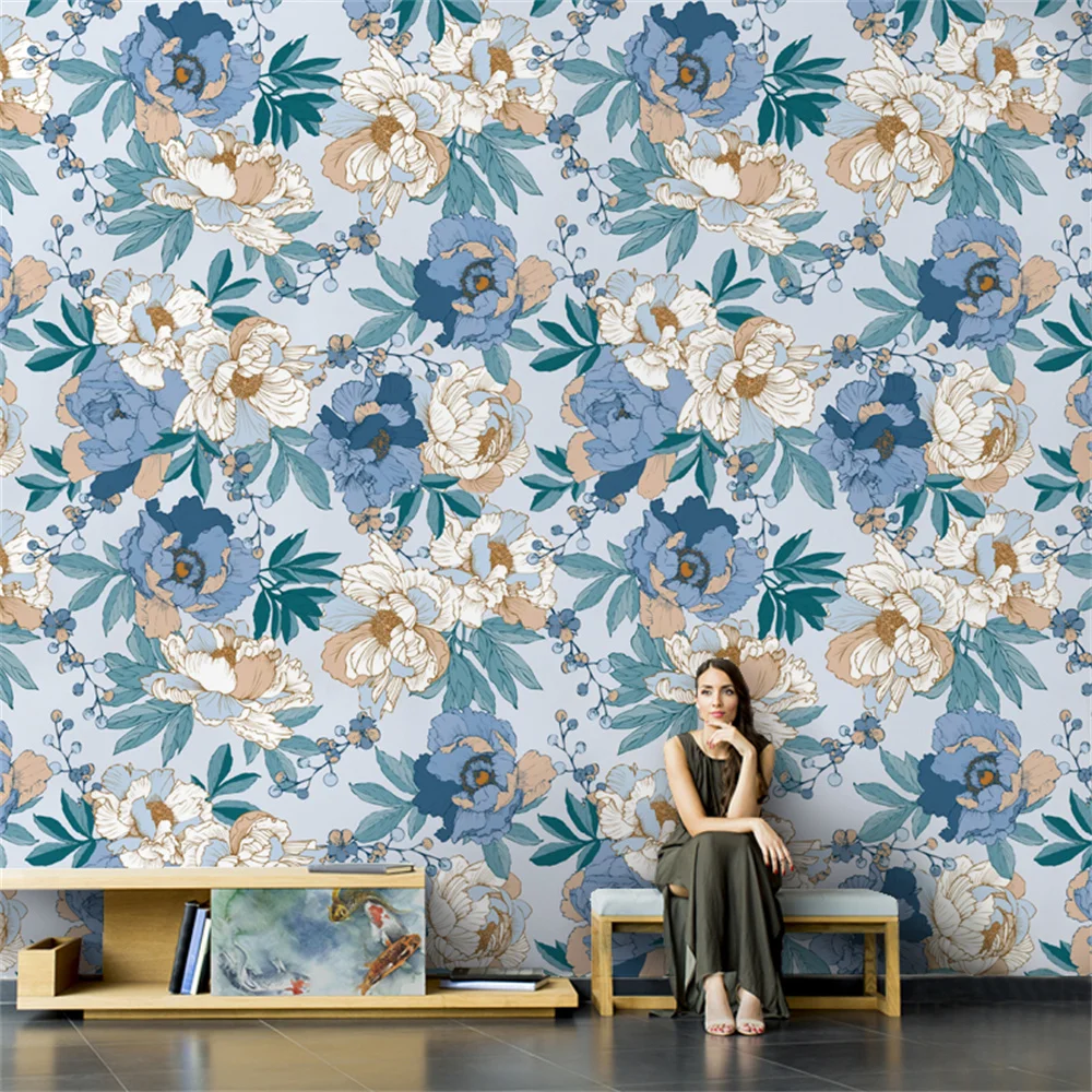 custom mural Nordic blue flower wallpaper for living room TV background art countryside Floral wallpaper for bedroom decoration