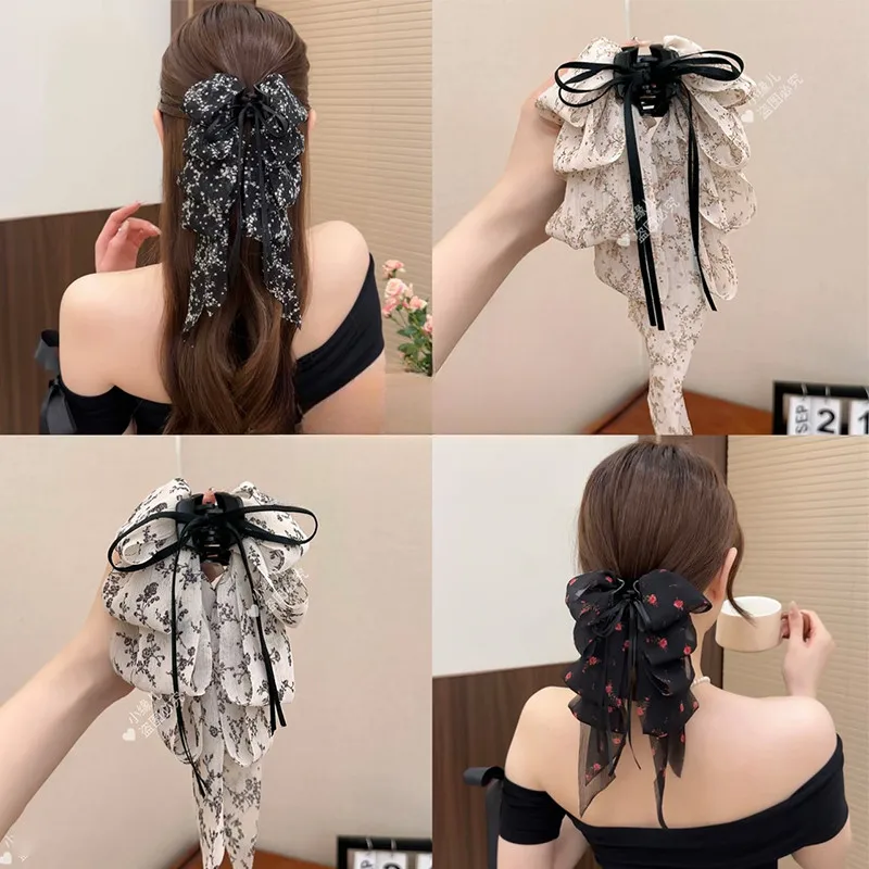 

New Rose Floral Ribbon Hairpin Ponytail Clip French Romantic High-end Hair Accessories Hair Claw