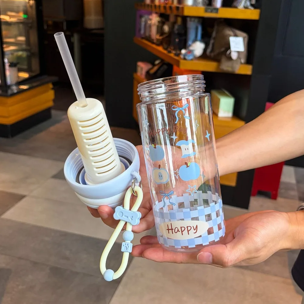 Plastic Student Straw Water Bottle with Filter and Straw Fruit Topper Flower Tea Cup Transparent Leak-proof