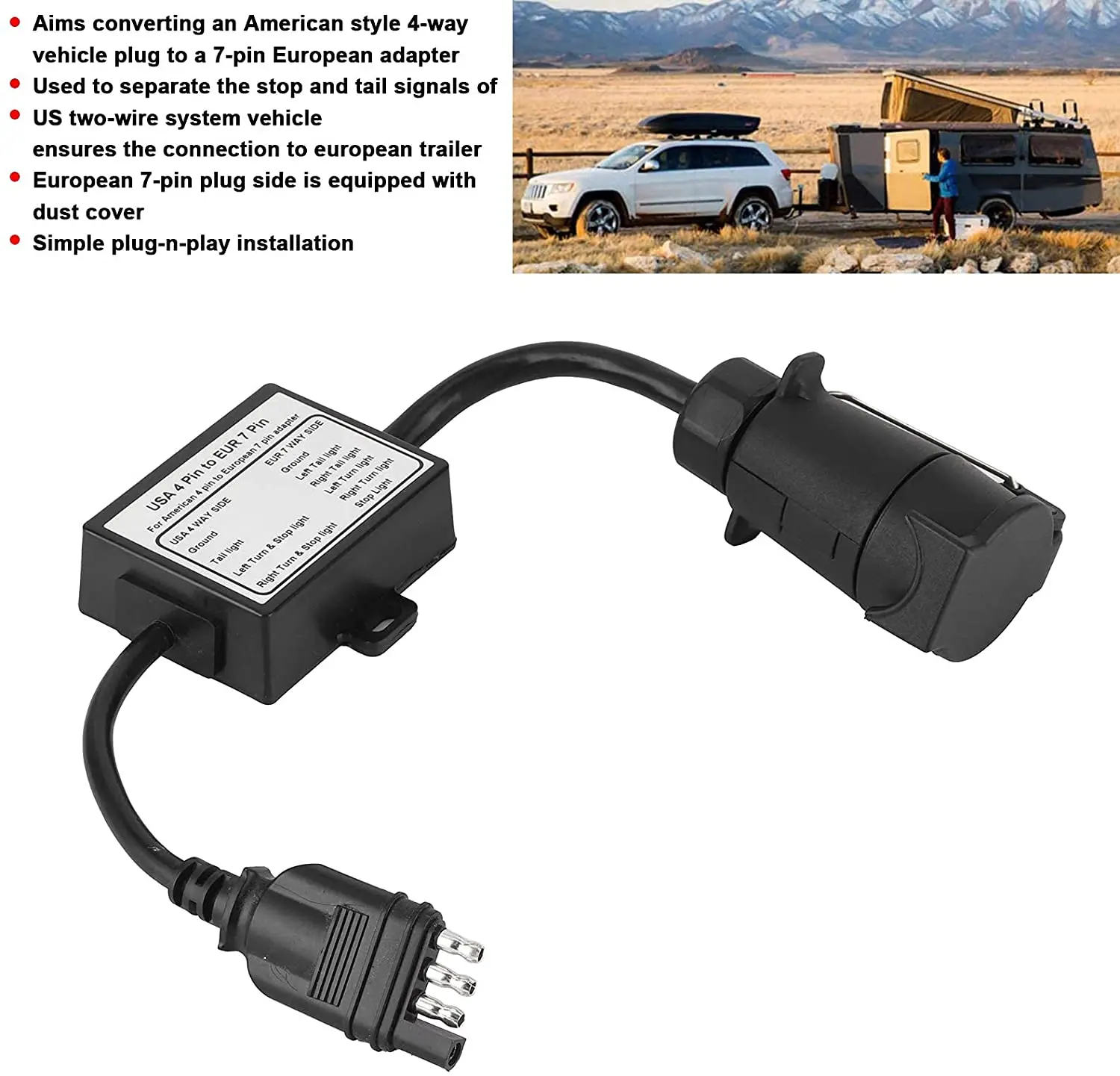 Trailer Connection Trailer Adapter Cable Trailer Plug Wire Light Converter USA 4 Pin to EUR 7 Pin Adapter Stop/Brake Signal