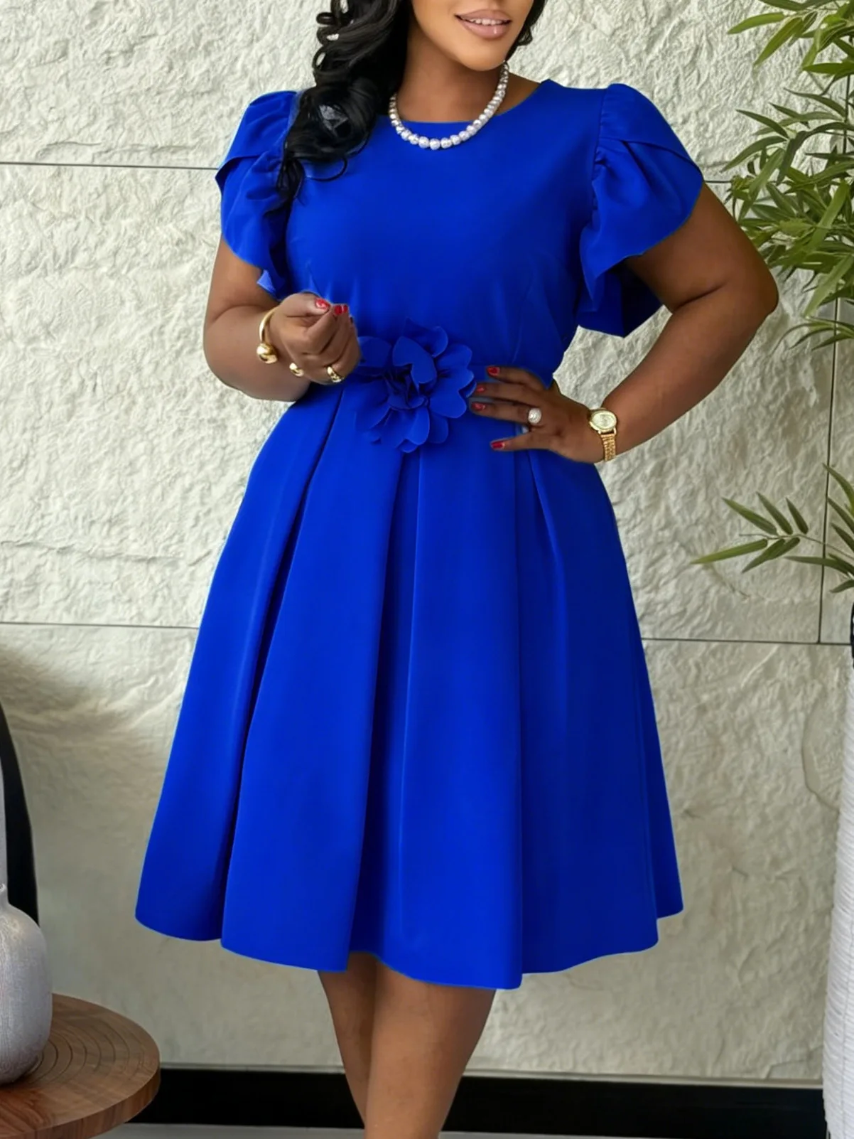 

Elegant Pure Color African Dress C8650 High Waist Flared Skirt Fashionable Knitted Midi A- Line Dress for Women