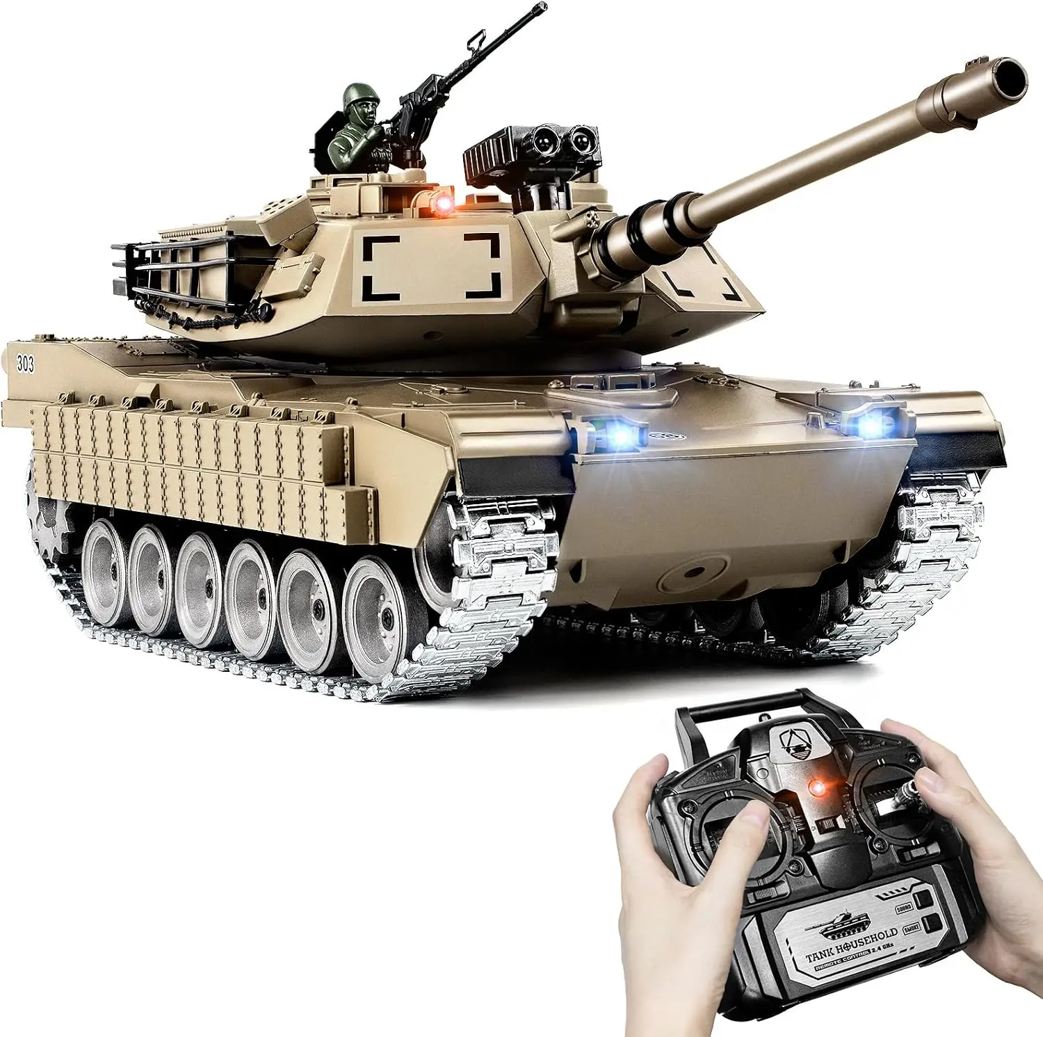 1:18 RC Tank that Shoot BBS, 2.4G Metal M1A2 Abrams Remote Control Tank Model Toys, Army Toy with Smoke, Lights, Sound and Recoi