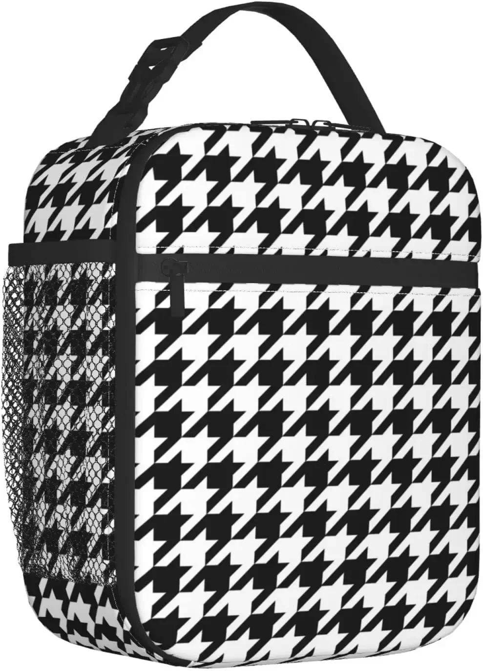 Black and White Houndstooth Lunch Bag Thermal Tote Meal Bag Reusable Insulated Portable Lunch Box Handbags for Work Picnic