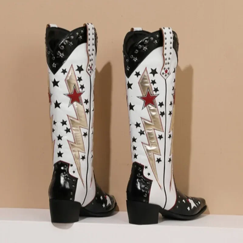 2024 Women\'s Autumn and Winter New Fashion Splicing Embroidered Boots, European and American Fashion Western Cowboy Knight Boots