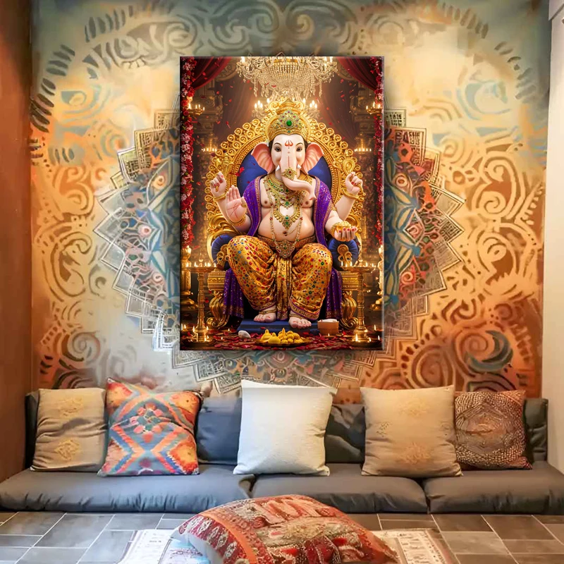 Royal Prosperity – Lord Ganesha Canvas Painting Spiritual Art Wall Decoration Poster with Frame Interior Home Room Decor