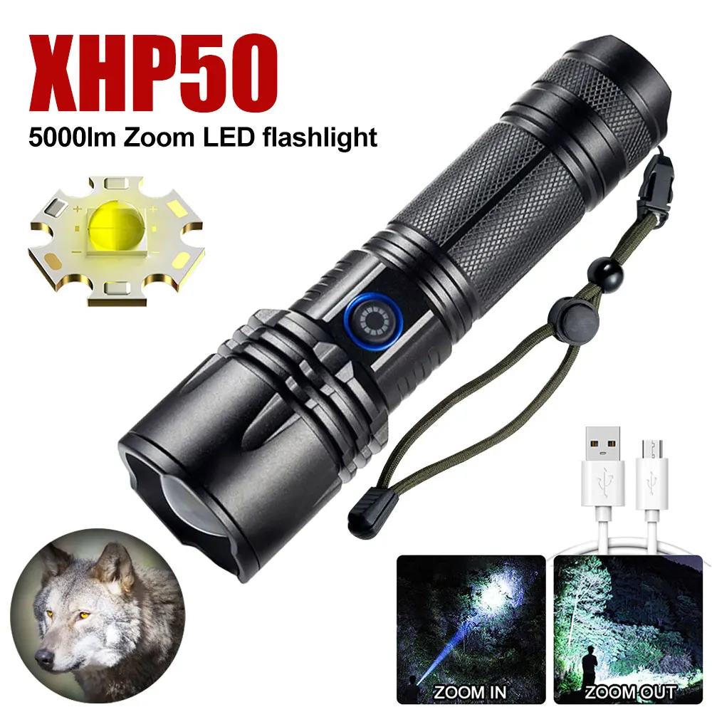 lanterna Ultra Powerful LED Flashlight USB Type C Rechargeable Zoomable Torch XHP50 Hand Lamp 26650 18650 Battery Tactical Flash Light  lanterna tática