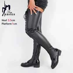 3.5CM Low Heel Thigh High Boots Black Leather Motorcycle Shoes Women Side Zipper Lace Up Chunk Heels Nightclub Overknee Boots