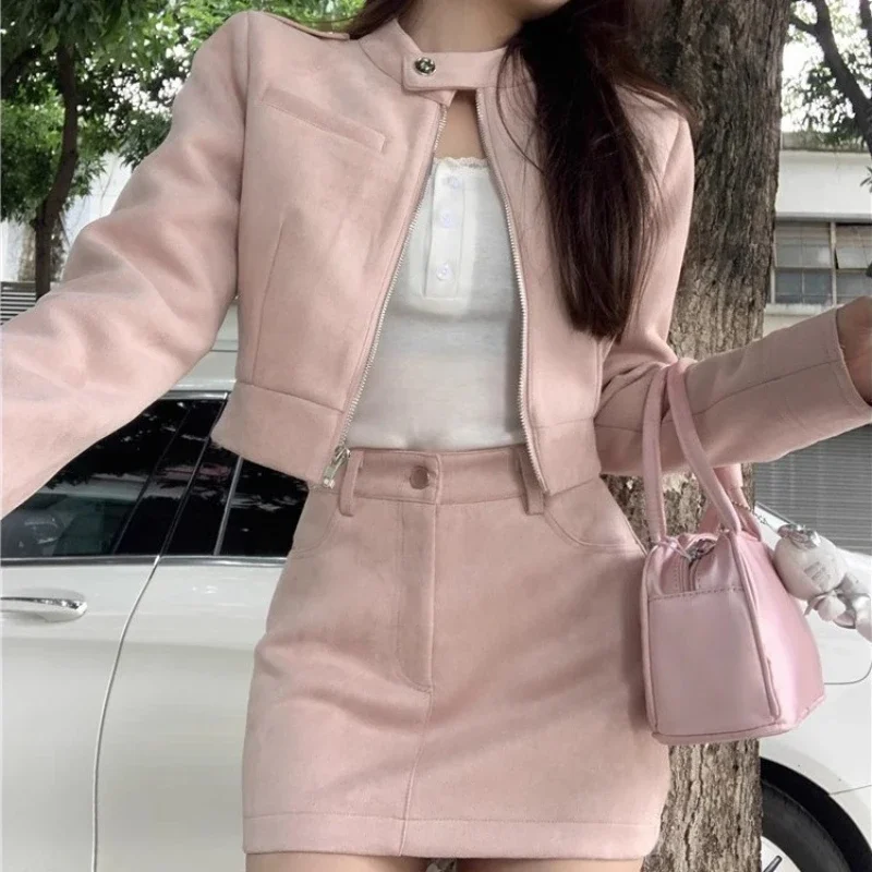 TRAF Two-piece Dress Set Women Outwear Long Sleeve Crop Jackets Slim French Mini Skirt Sweet Korean Elegant Female Clothing