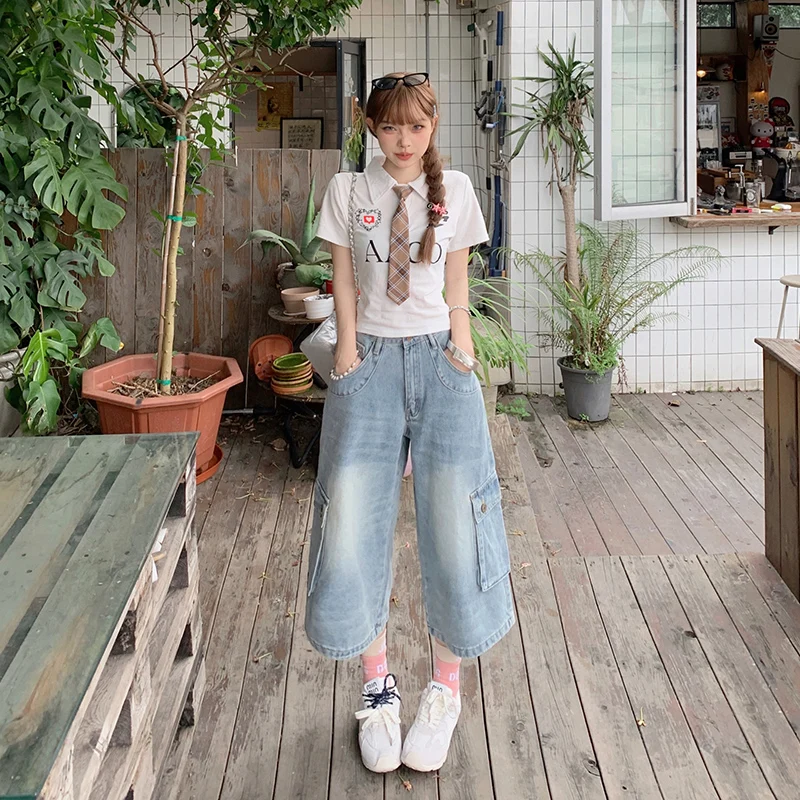 

Retro high waist cropped trousers high street overalls wide leg pants summer versatile straight jeans for women