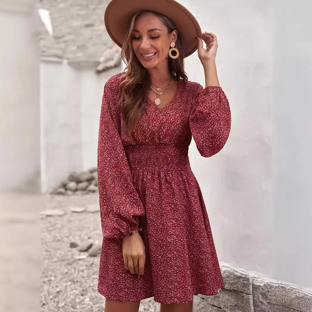 Vintage Elegant Women's Mini Dress Holiday Casual V-Neck Pullover Bohemian Floral Printed Lantern Long Sleeve Fragmented Dresses