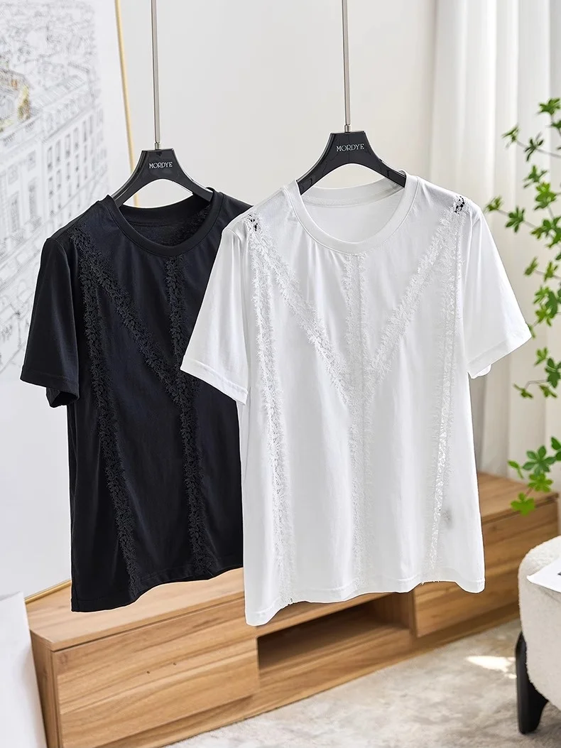 

High Quality Cotton Lace Short Sleeve T-Shirt Embroidered Hollow out Design White Color Commute Style Pure Cotton Summer Top