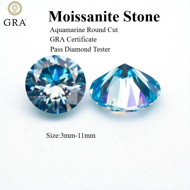 

Round Cut Moissanite Stone Aquamarine Loose Gemstone With GRA Certificate Pass Diamond Tester For Jewelry Making