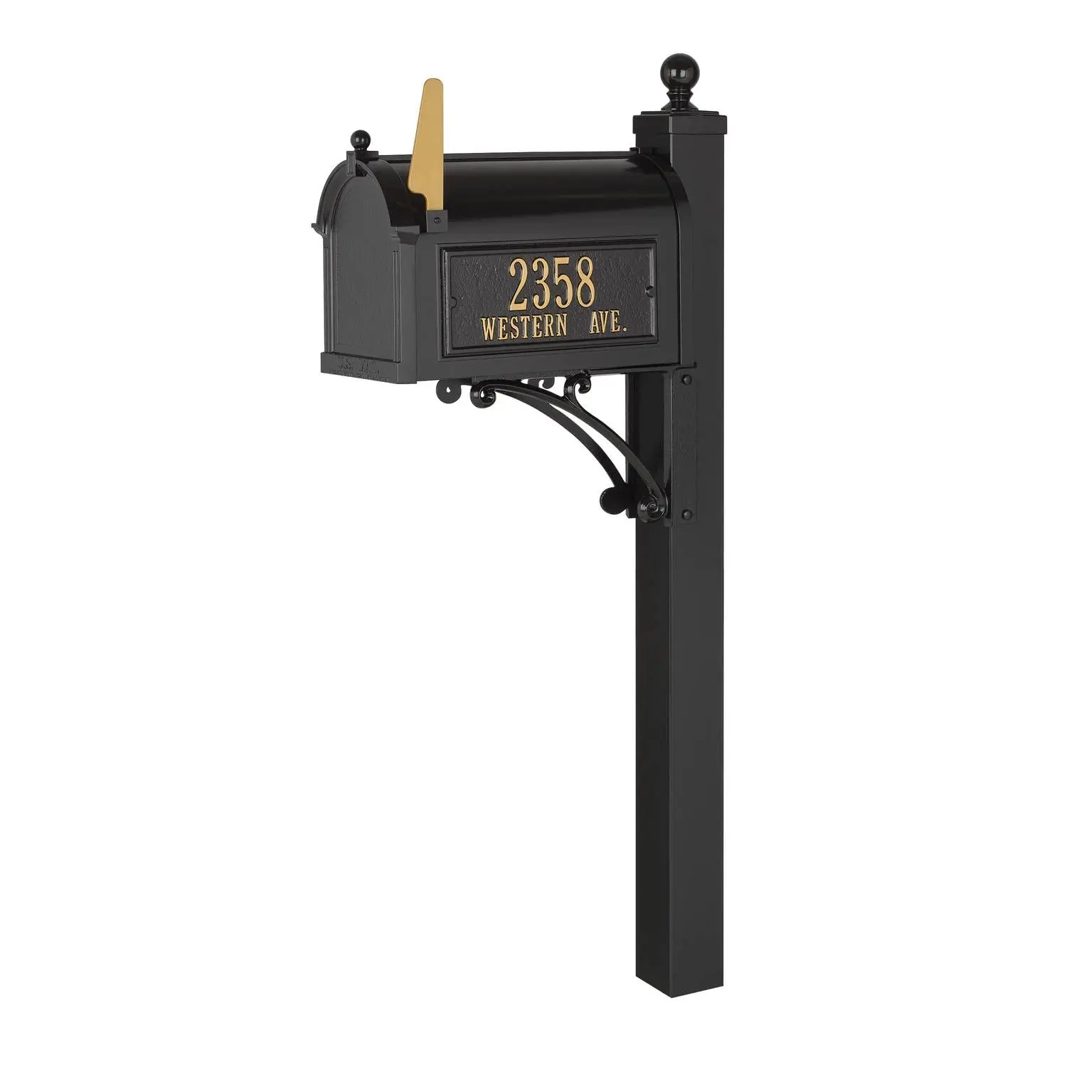 Custom Extra Large Mailbox - Capitol Model with Address Plaque and Side Mount Post Package, Sand Cast Aluminum, Black