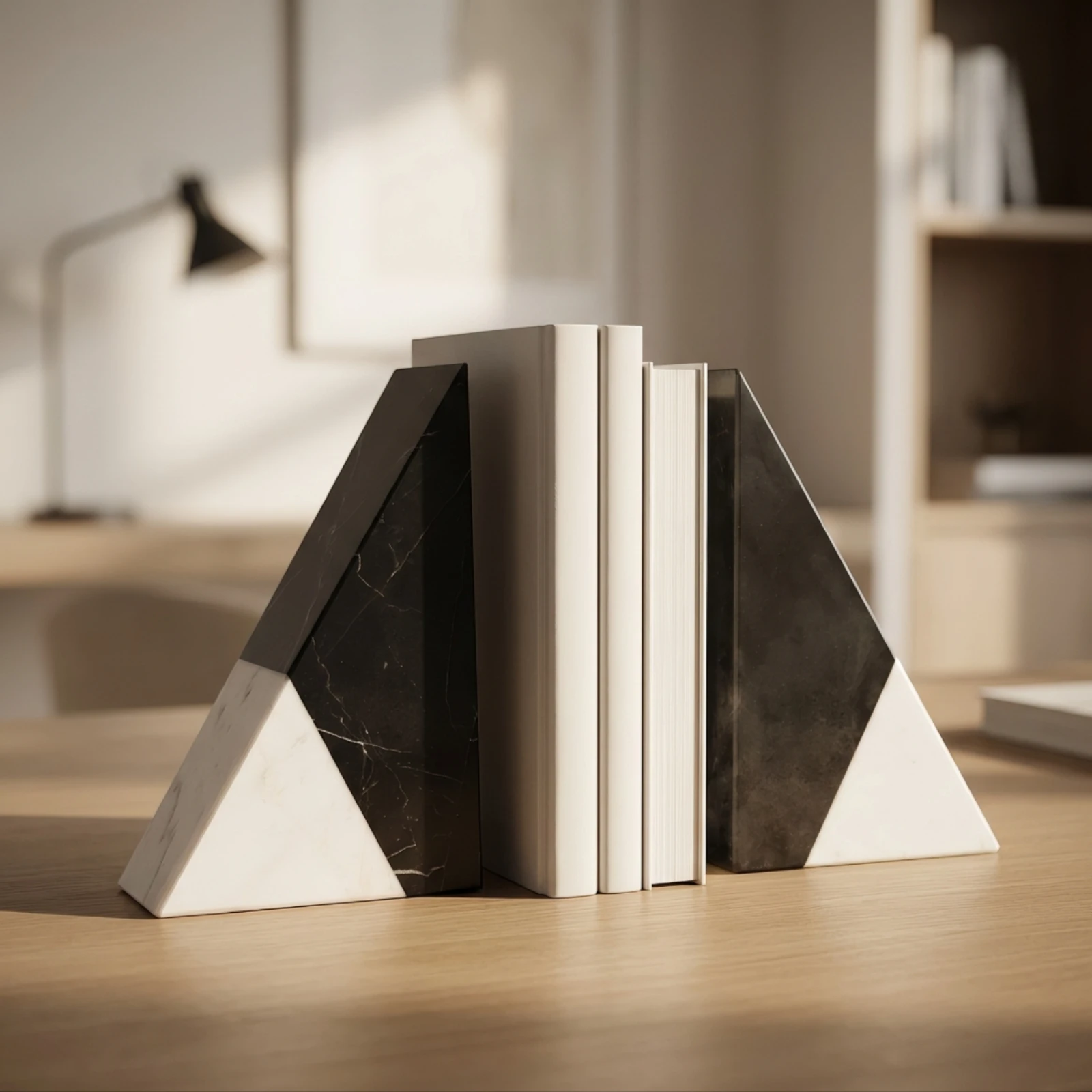 Marble Bookends Triangular Stone Bookends Book Stopper Natural Decor Polished for Readers, Bookshelf, Desk