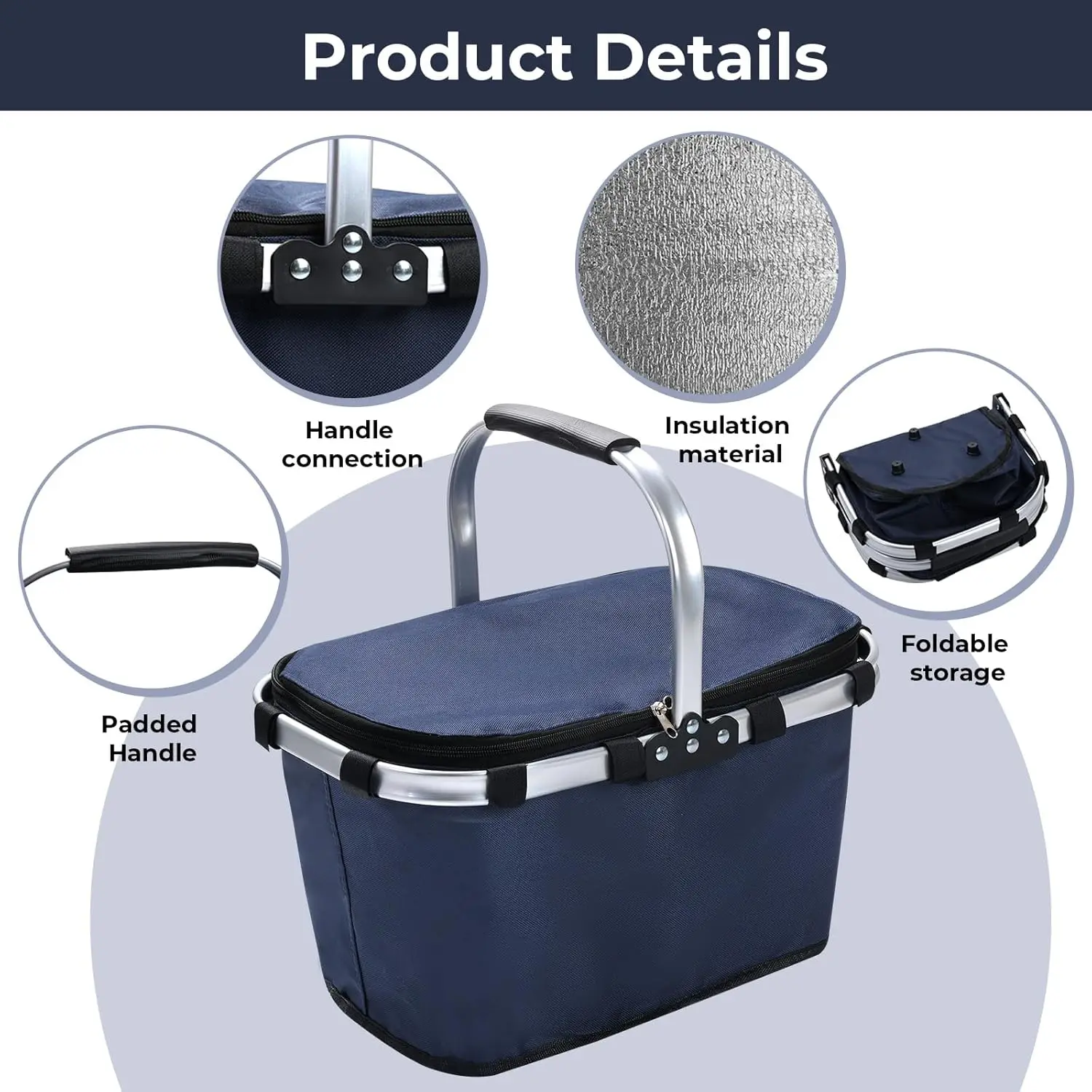 Picnic Basket with Handle Large Foldable Insulated Cooler Picnic Basket Grocery Shopping Basket for Travel Camping Market Bag