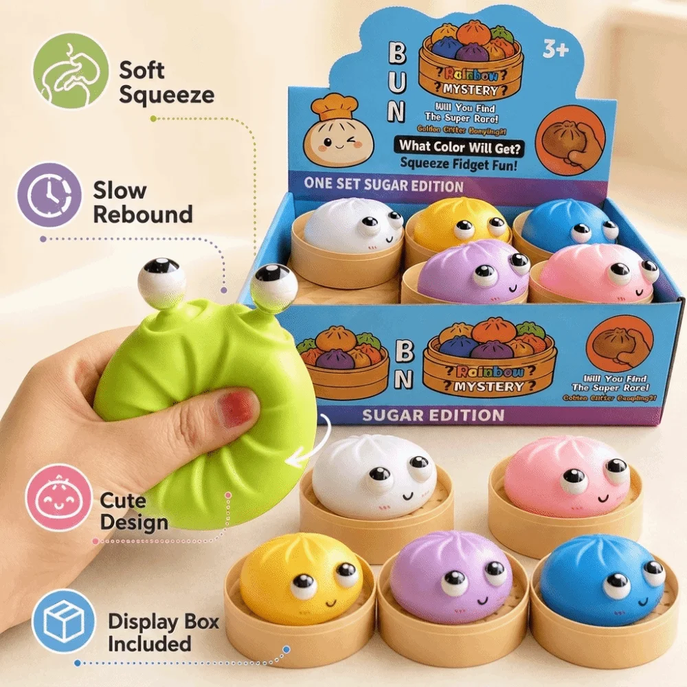 Big-eyed Cutie Dumplings Squeeze with Steamer Soft Steamed Bun Squeeze Pinch Le Fidget Glitter Squeeze