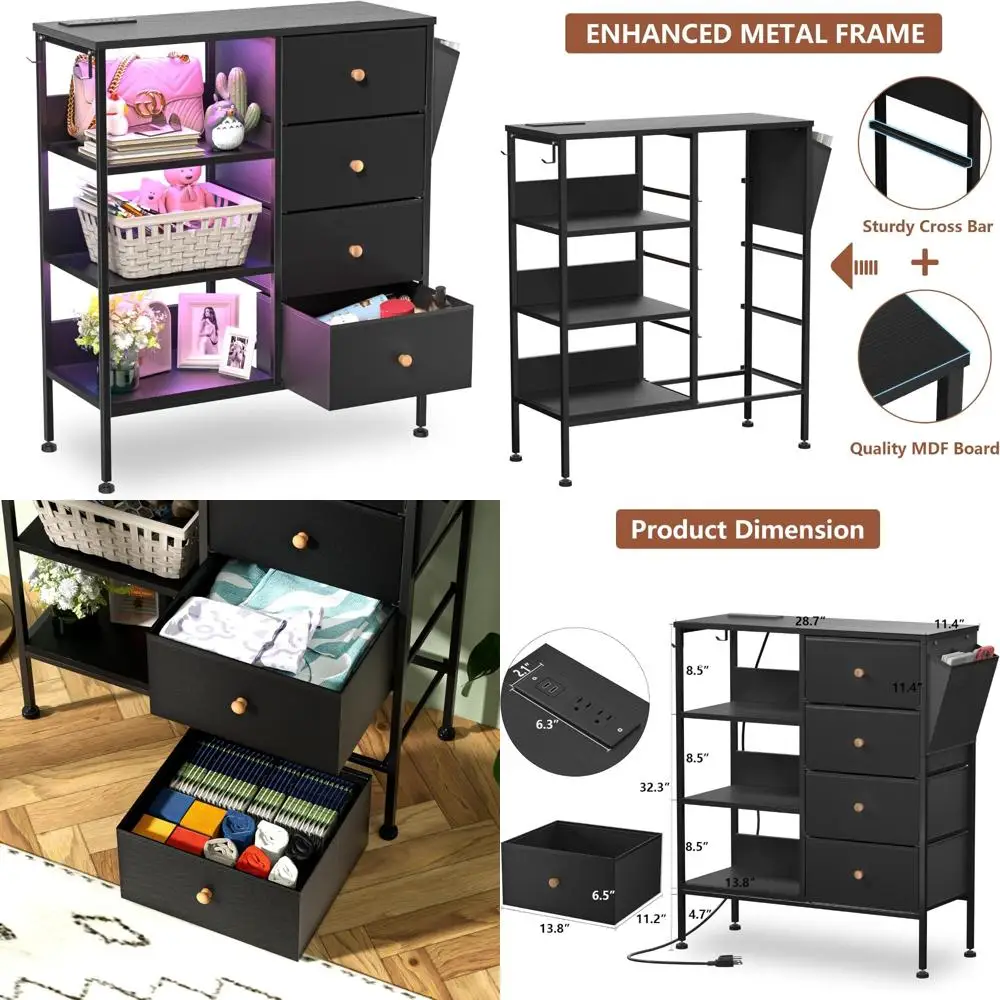 

bedside table with charging station, 4 drawers & 3-tier shelf, led-lit wood top nightstand