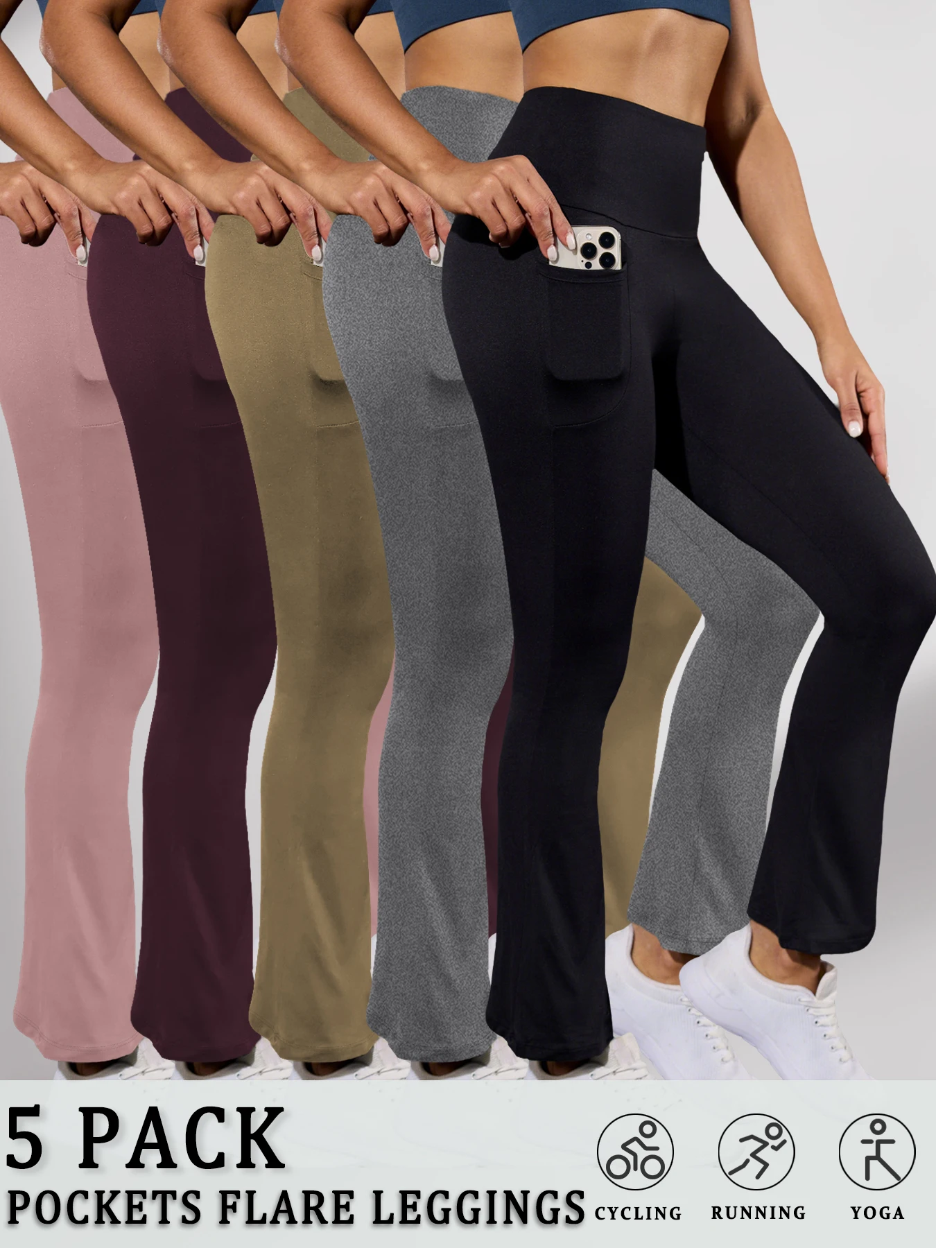 

5 Pack Women's Super Soft Flare with Pockets High Waisted Tummy Control Workout Yoga Push Up Gym Fitness Leggings Bell Bottoms