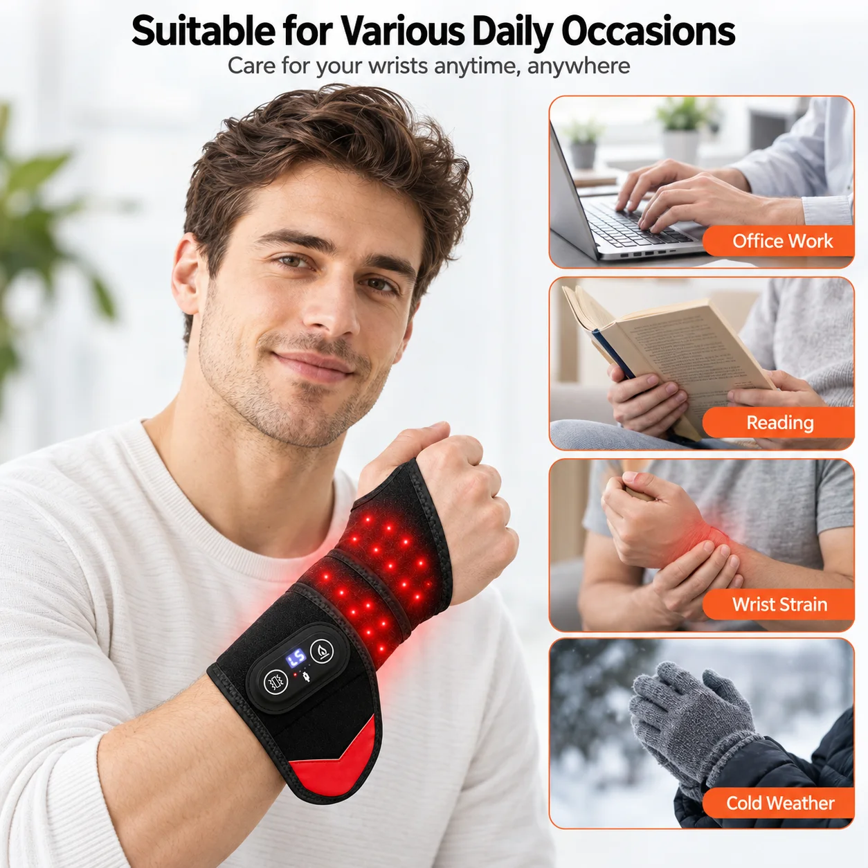 Masajeador de Muñeca con Luz Roja, Pantalla Digital, 5 Niveles de Calor, 5 Modos de Masaje, Envoltura de Muñeca Calefactable Ajustable para el Trabajo, el Hogar y el Confort Diario