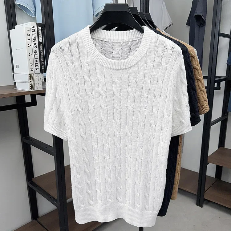 Herren-Kabelstrick-T-Shirt mit kurzen Ärmeln, 100 % Baumwolle, Rundhalsausschnitt, lässig, einfarbig, Sommer-Strick-T-Shirt – Detail 23
