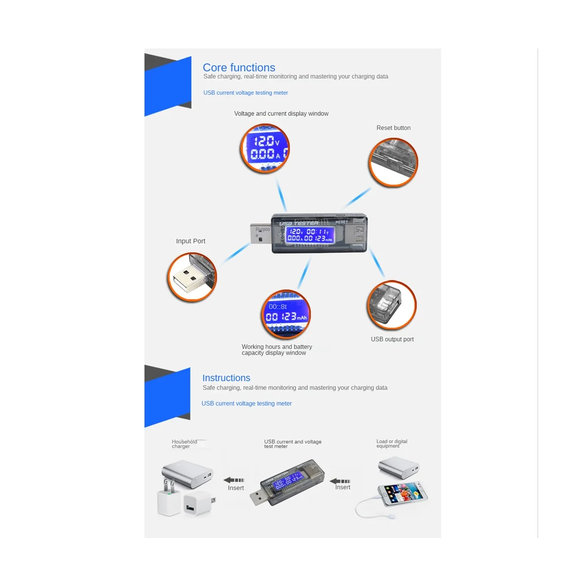 DC Mobile Power Charging Current Voltage Digital Monitor USB Tester Current 0-3A Voltage 4-20V Dual Meter Display