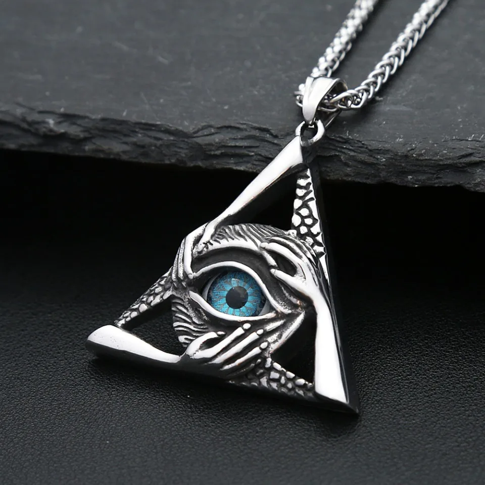 Gothic Vintage Evil Eye Pendant For Men Stainless Steel Punk Hip Hop Fashion Triangle Necklace Unique Amulet Jewelry Wholesale