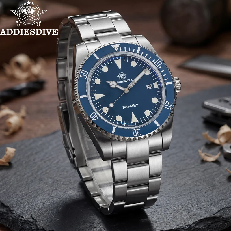 ADDIESDIVE Quartz Watches For Men 200m Waterproof BGW9 Luminous Wristwatch Bubble Glass Ceramic Bezel Stainless Steel Dive Watch
