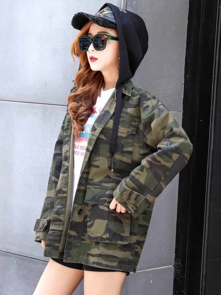 Harajuku Women Mid Long Hooded Coat Hip Hop Boyfriend Style Camouflage Denim Jackat New Autumn Single Breasted Casual Outerwear