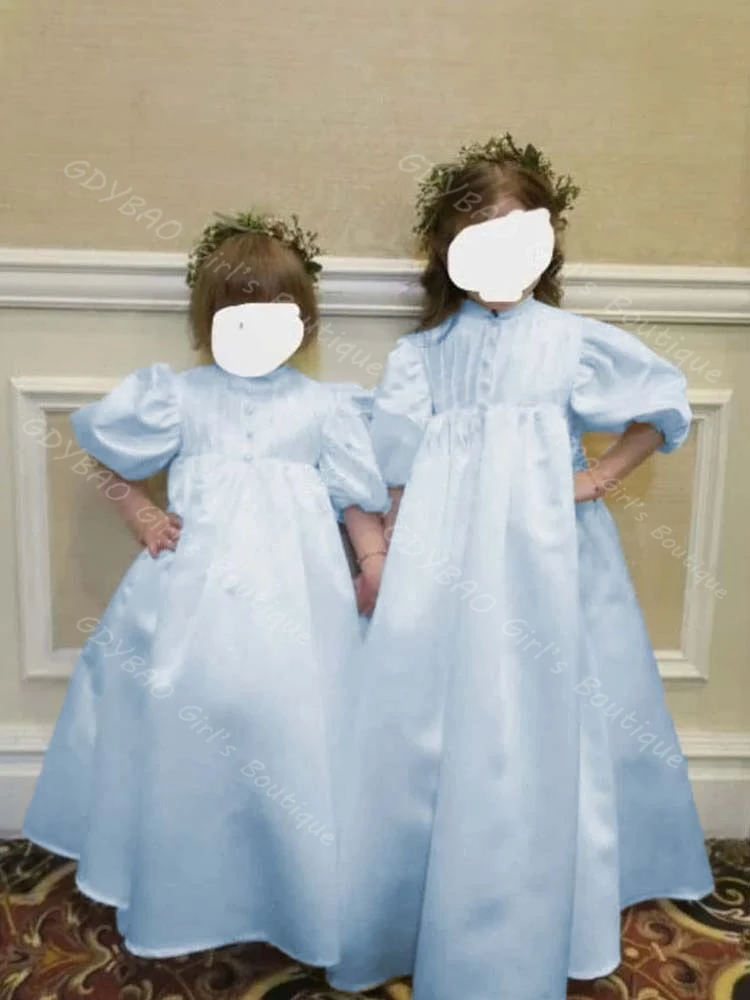 فستان من الساتان ثنيات للمناولة الأولى للفتيات عالي الخصر وأكمام منتفخة فستان فتاة الزهور لحفلات الزفاف من 2 إلى 14 فستان حفلات مخصص للأطفال