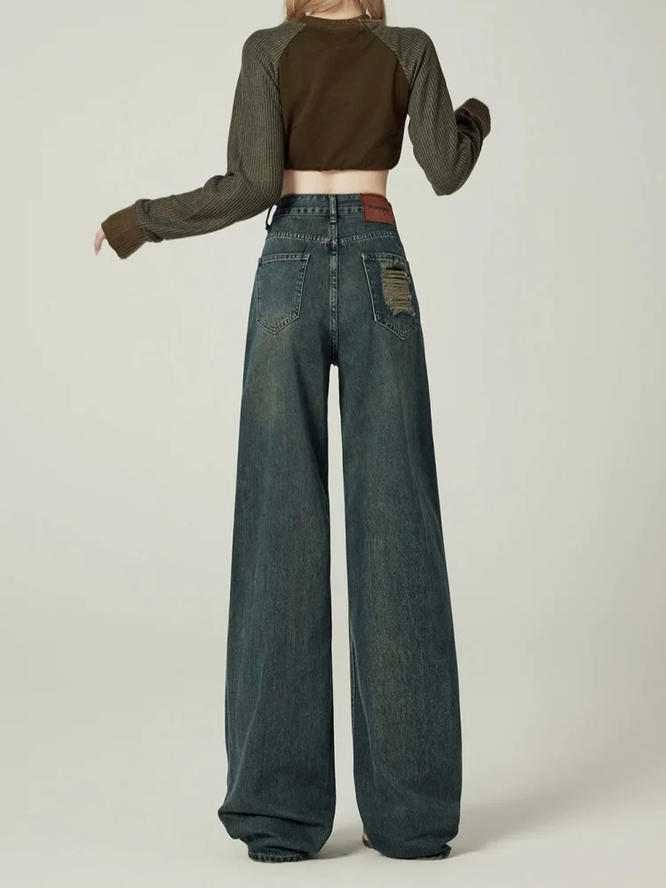 الأمريكية Sle خمر فضفاض واسعة الساق الجينز المرأة Faion عالية الخصر التخسيس الطابق طول السراويل لباس غير رسمي الخريف جديد Arr... #1