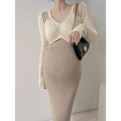 Vestido de maternidad de una línea para mujeres embarazadas, suéteres delgados, ropa para embarazadas, Bodycon, fiesta de Baby Shower, Otoño e Invierno