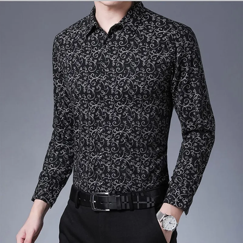 Autumn Winter Men's Turn-down Collar Solid Plant&Flowers Cartoon Printed Long Sleeve Button T-shirt Shirt Fashion Casual Tops